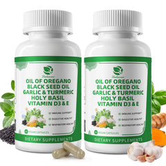 Ingredient highlights: oregano oil, black seed oil, garlic, turmeric, holy basil, black pepper, and vitamins D3 and E