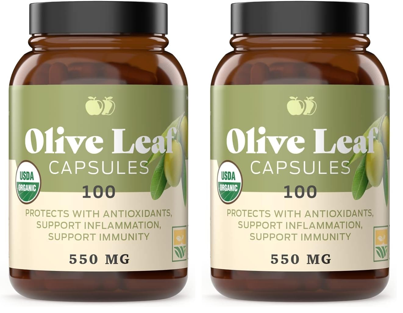Organic Olive Leaf Capsules bottle front – 550mg, pack of 2