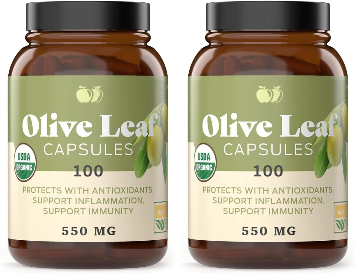 Organic Olive Leaf Capsules bottle front – 550mg, pack of 2