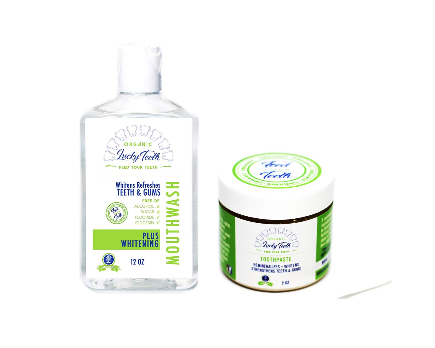 Organic Oral Care Pack hero image showing a food-grade peroxide whitening mouthwash and remineralizing toothpaste by Lucky Teeth.