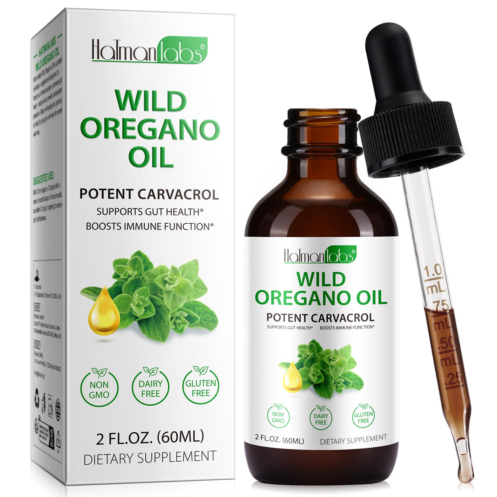 Organic oregano oil liquid drops bottle with dropper