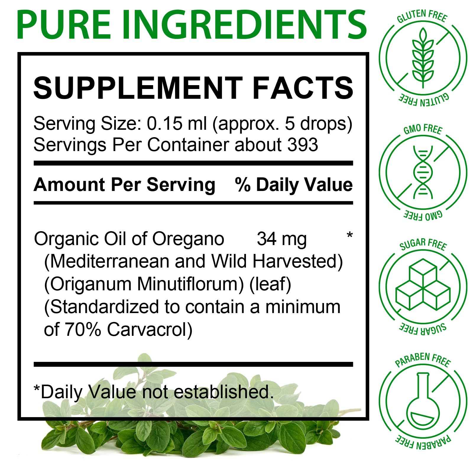 Oregano oil drops bottle with label