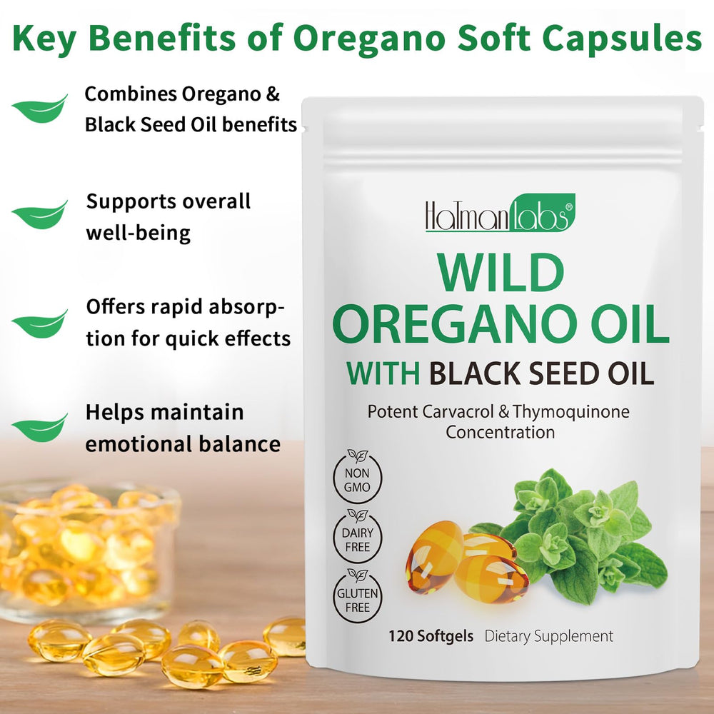 Organic oregano oil softgels packaging emphasizing plant-based, non-GMO