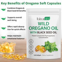 Organic oregano oil softgels packaging emphasizing plant-based, non-GMO