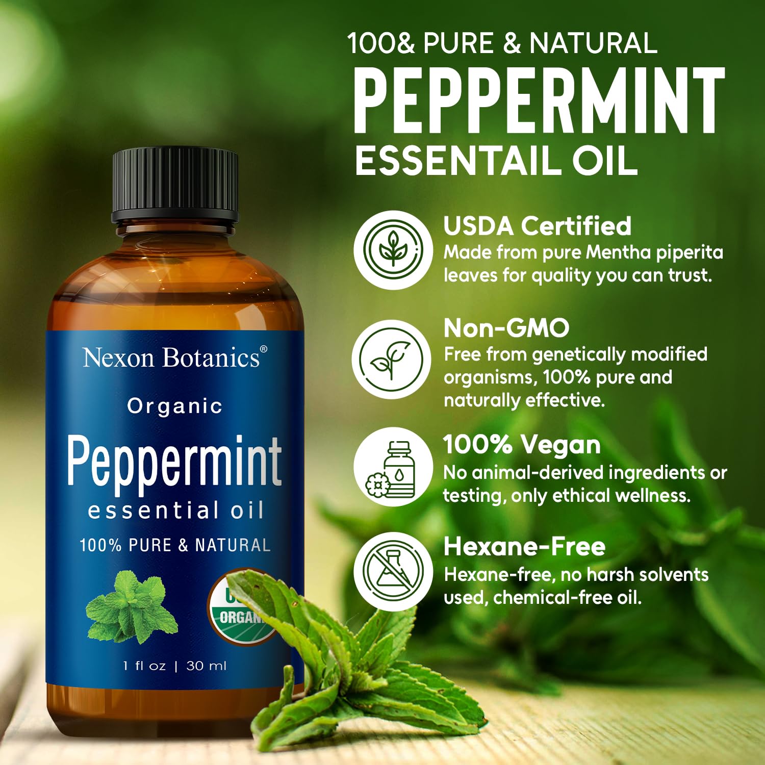 Close-up of 30 ml peppermint essential oil bottle