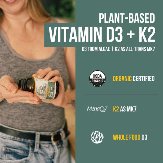 Close-up of supplement bottle showing 5000 IU D3 and 120 mcg K2 MK7