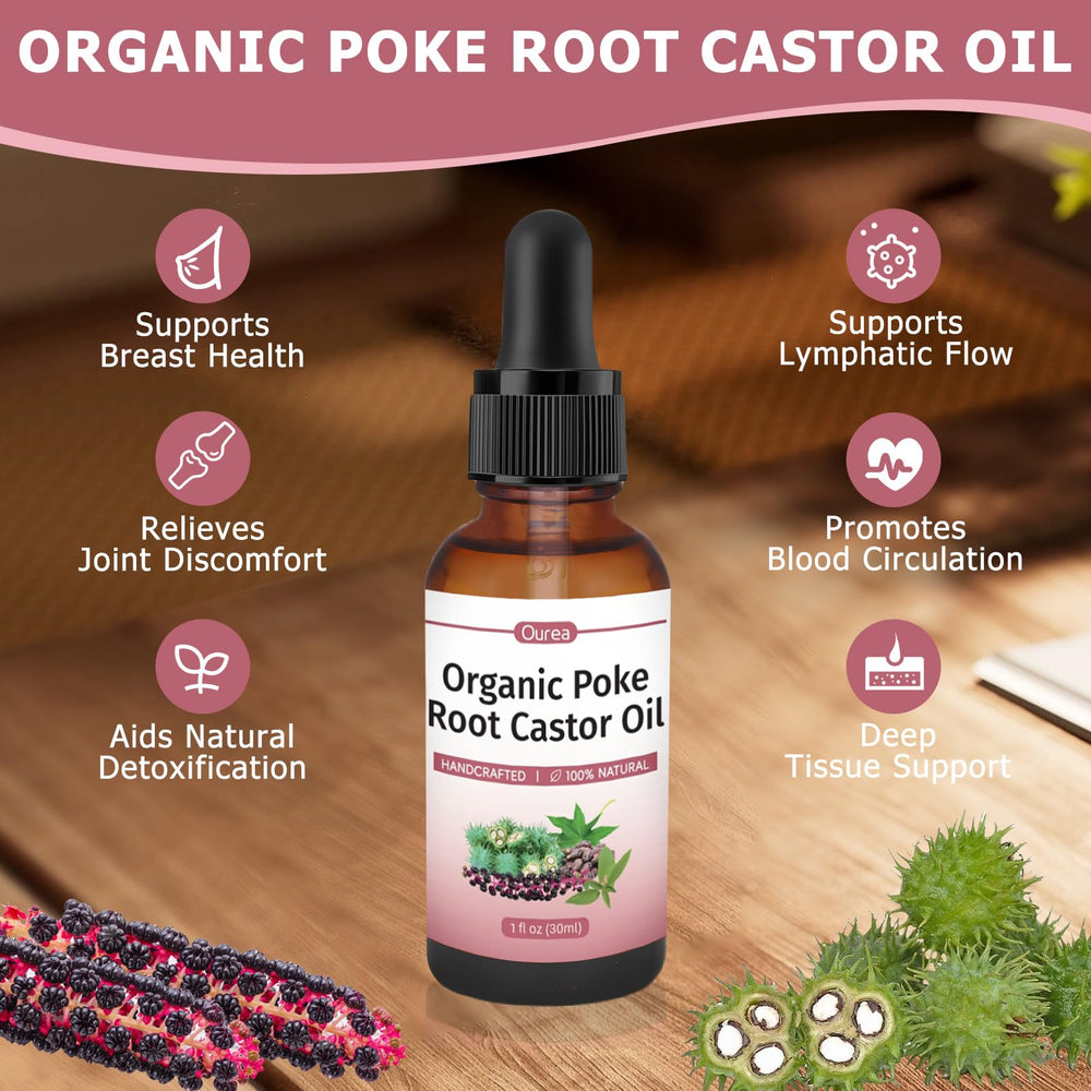 Packaging of Organic Poke Root & Castor Oil 1 oz bottle