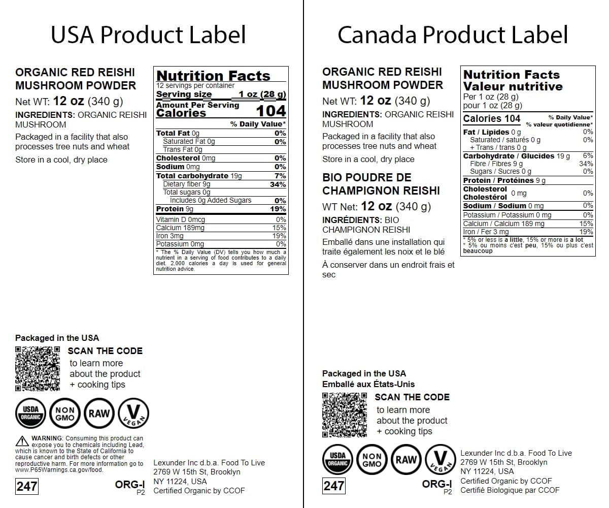 Ingredients: Organic Red Reishi Mushroom Powder (no additives) label