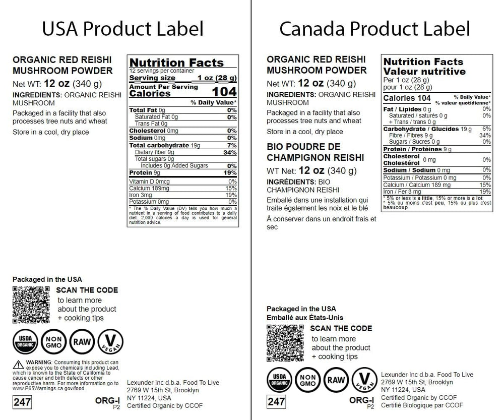 Ingredients: Organic Red Reishi Mushroom Powder (no additives) label