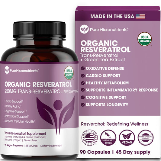 Organic Resveratrol supplement bottle with vegan capsules