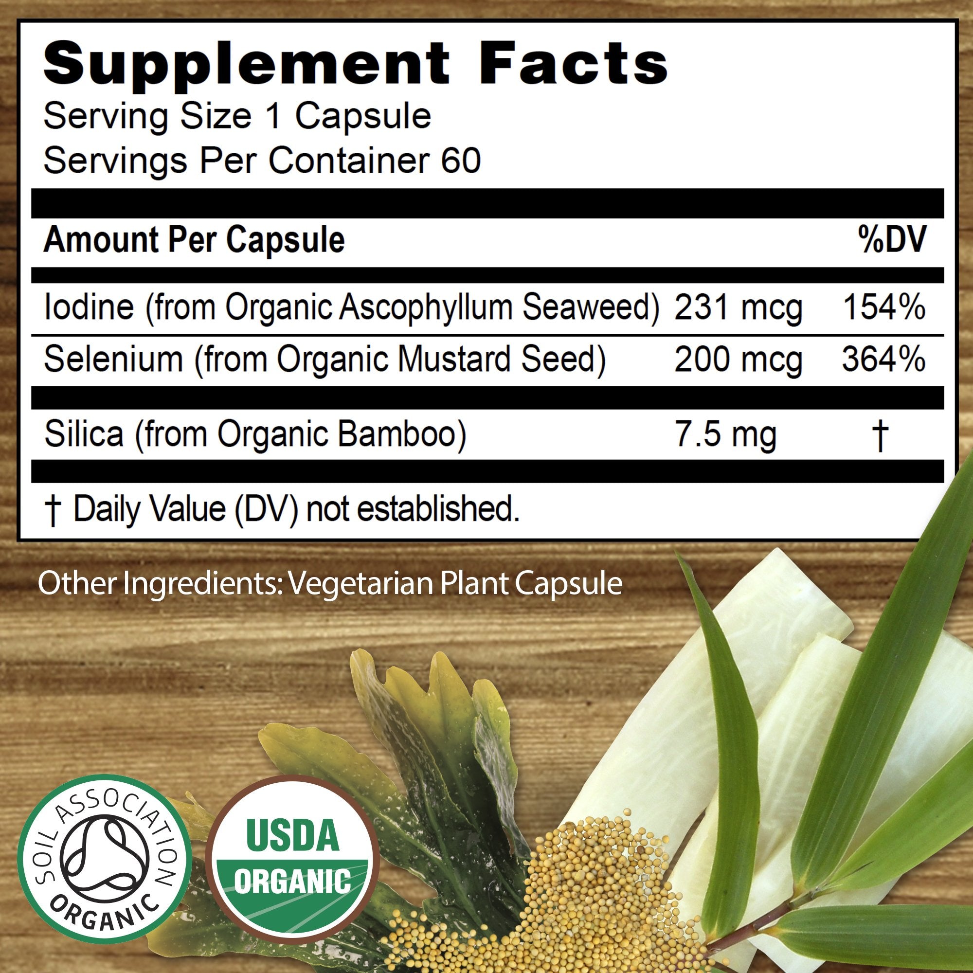 Close-up of organic whole-food ingredients: mustard seed, seaweed, bamboo