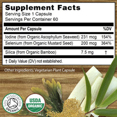 Close-up of organic whole-food ingredients: mustard seed, seaweed, bamboo