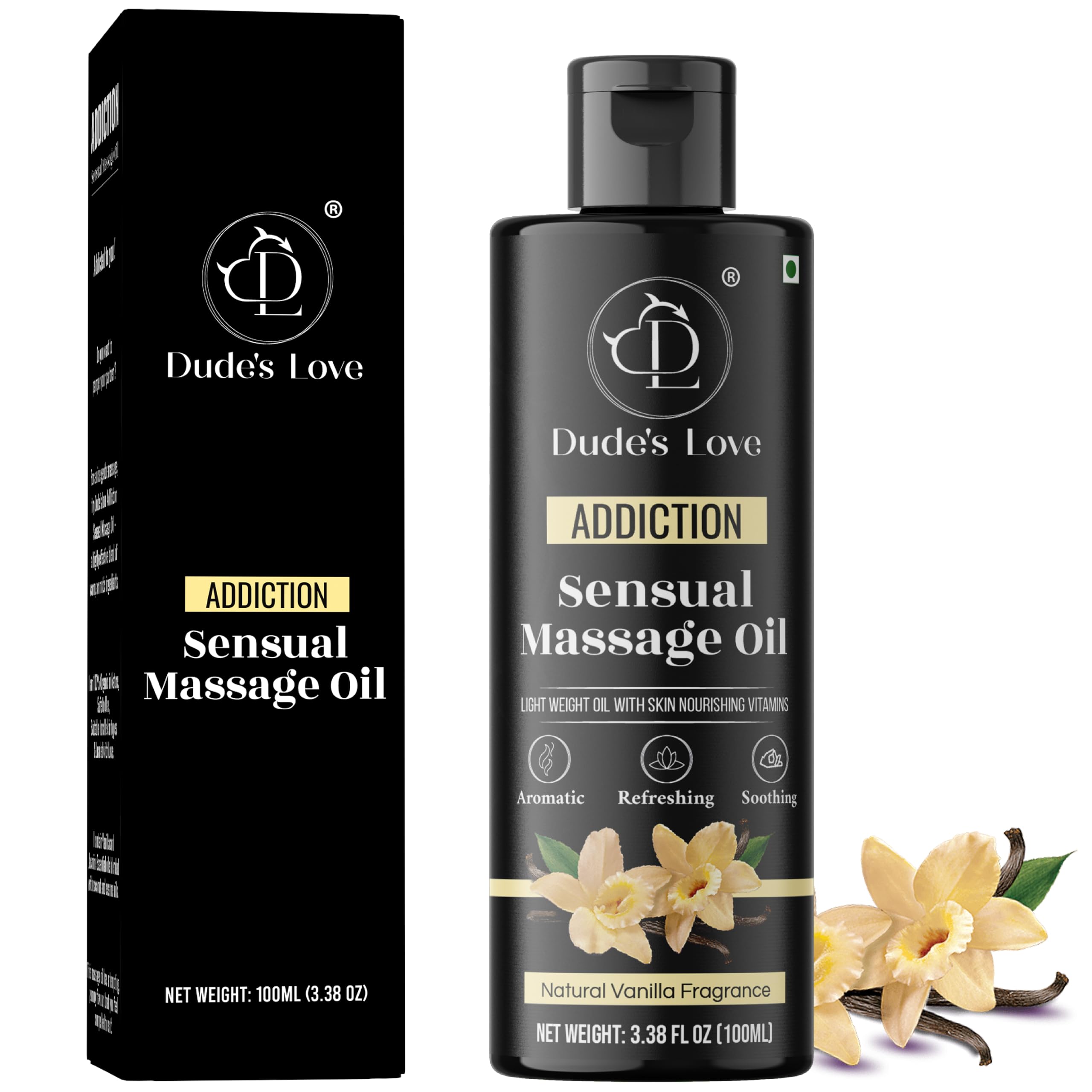Bottle and packaging of Organic Sensual Delights Vanilla Massage Oil