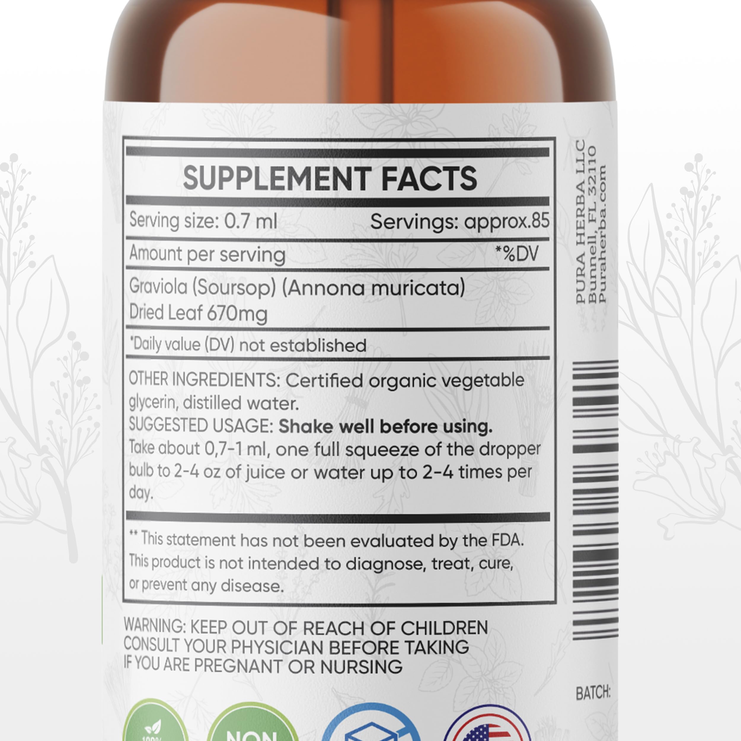Soursop bitters liquid bottle on a white background