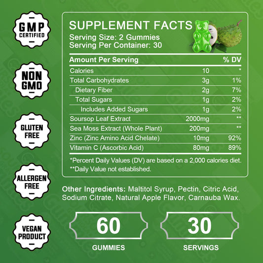 Close-up of Soursop Leaves Extract 2000mg label on gummies