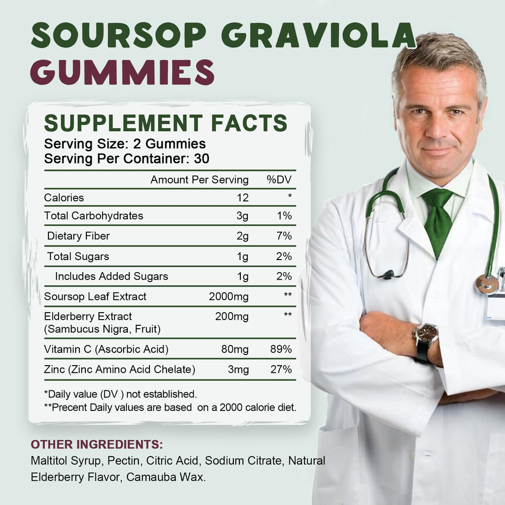 Bottle and packaging of Organic Soursop Graviola Gummies vegan product