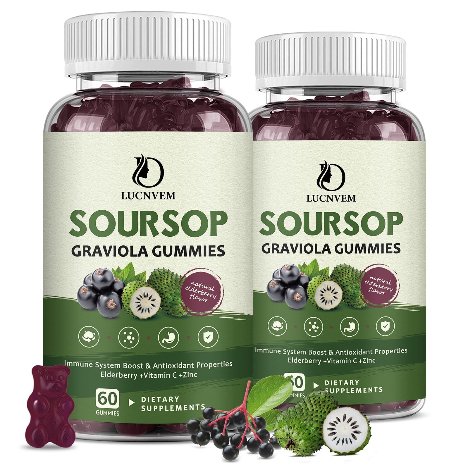 Front view of Organic Soursop Graviola Gummies bottle with elderberry