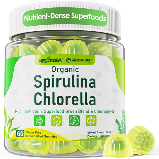 Front view of Organic Spirulina Chlorella Gummies bottle