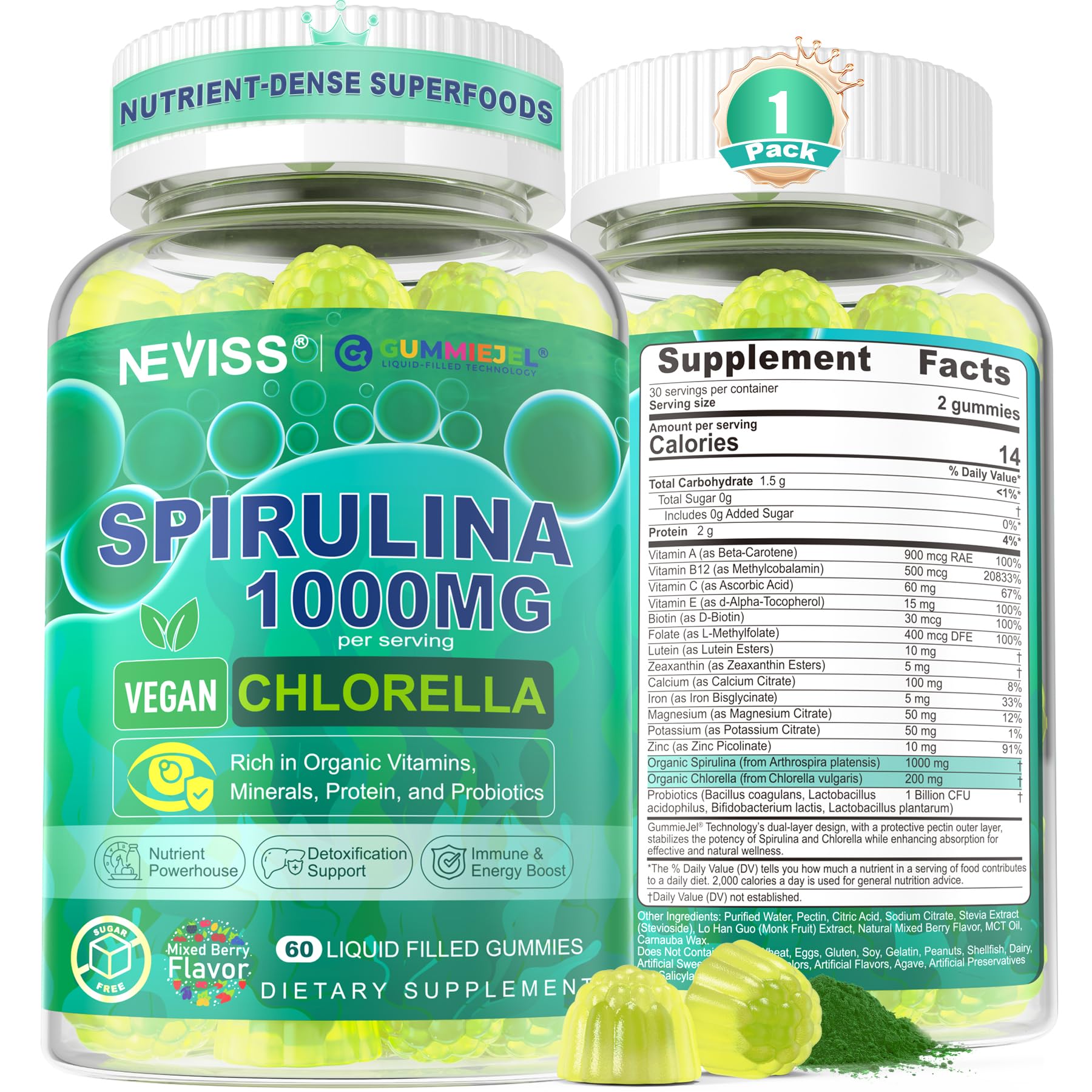 Organic Spirulina & Chlorella gummies in packaging, 60-count