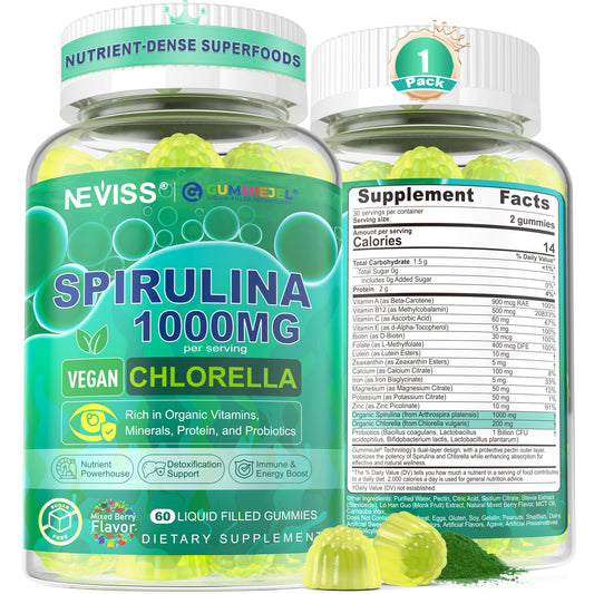 Organic Spirulina & Chlorella gummies in packaging, 60-count