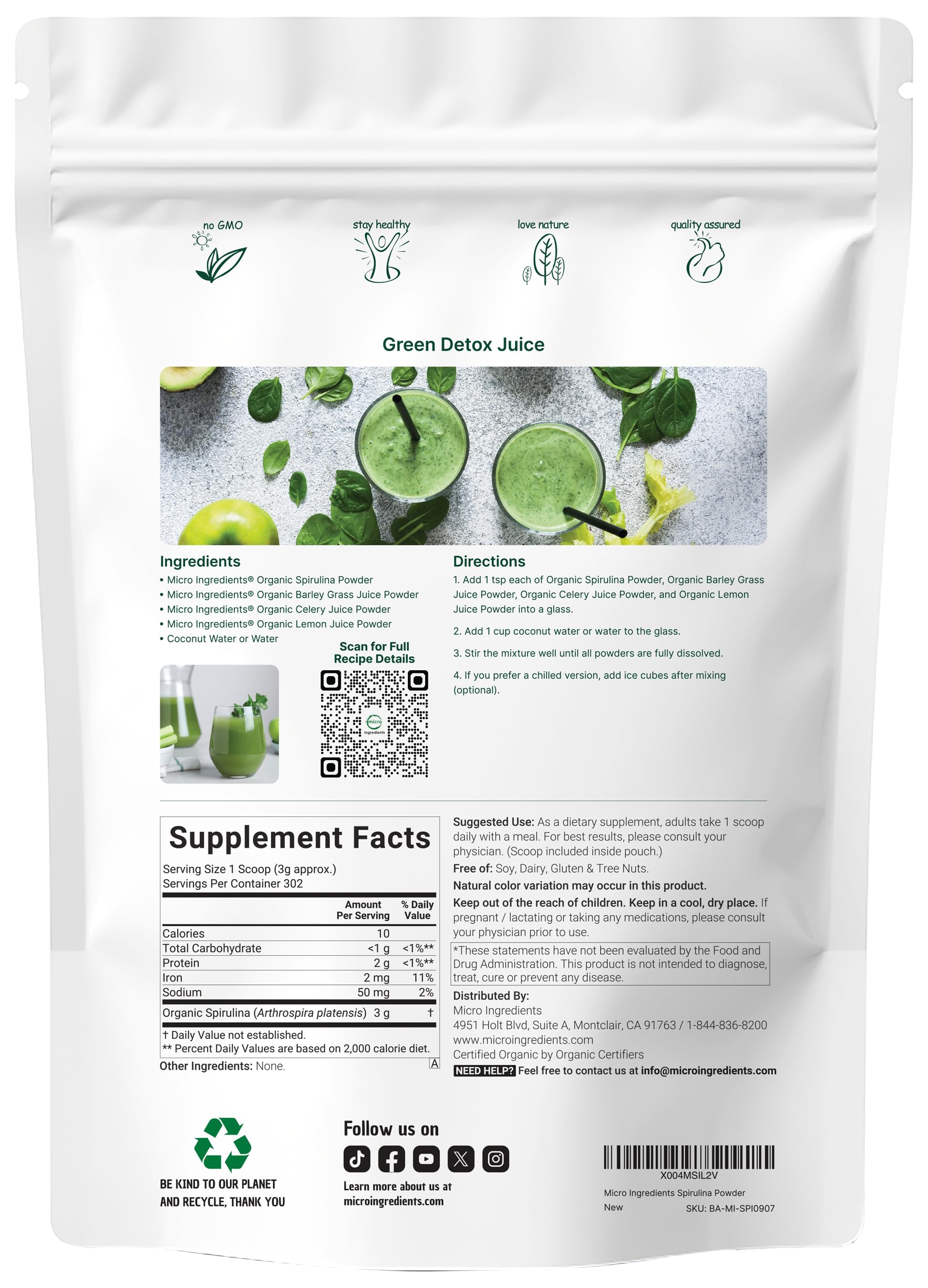 Organic Spirulina Powder 2lbs back nutrition label