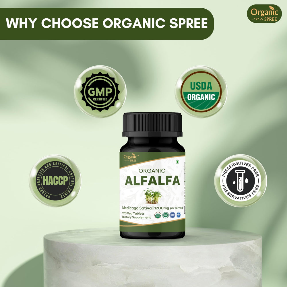 Close-up of Organic Spree Alfalfa tablets