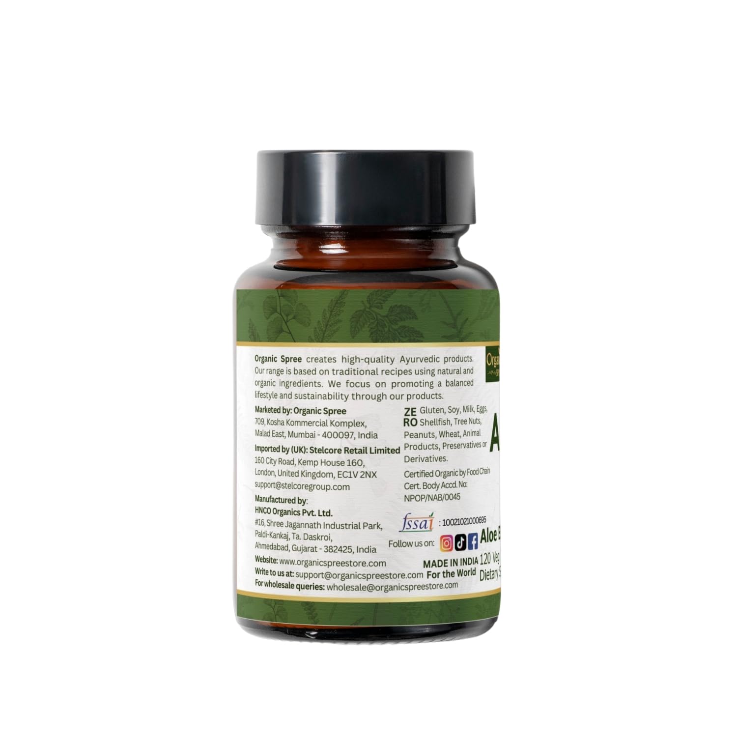 Bottle of Organic Spree Aloe Vera Tablets showing 120 tablets