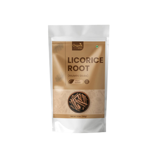 Front view of Organic Spree Licorice Root Mulethi Sticks 150 g packaging