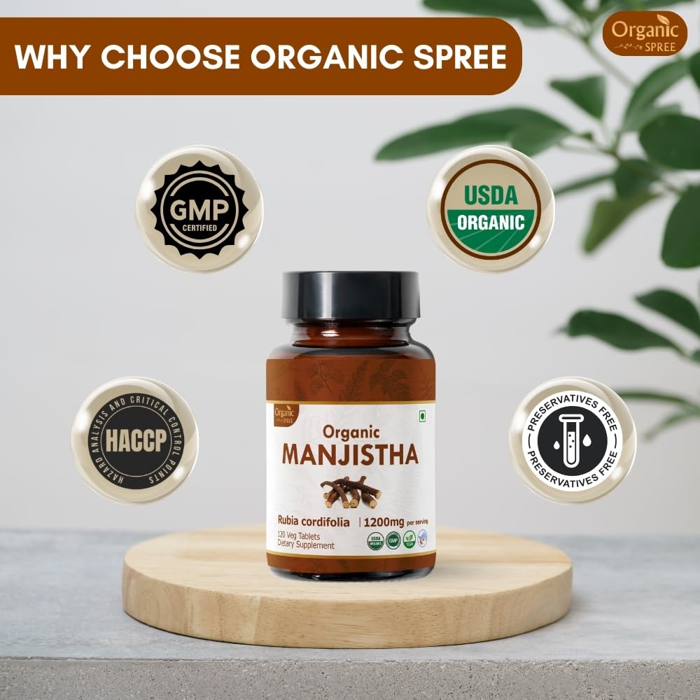 Bottle of Organic Spree Manjistha 120 tablets