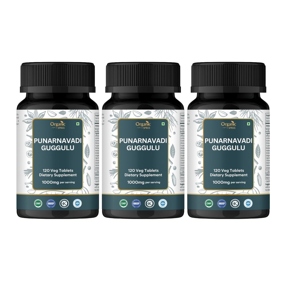 Front label of Organic Spree Punarnavadi Guggulu 120 tablets bottle