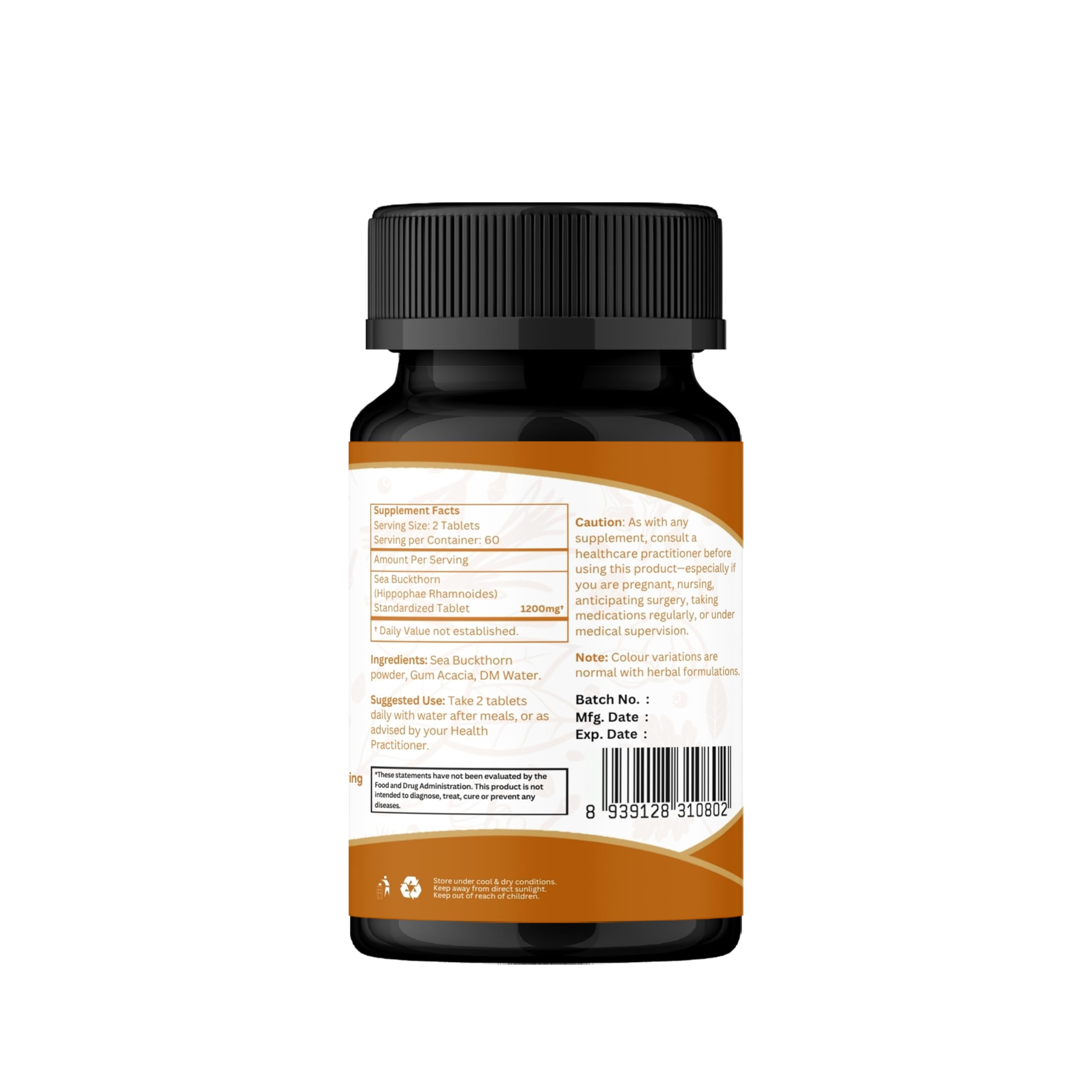 Sea buckthorn tablets displayed on a white background