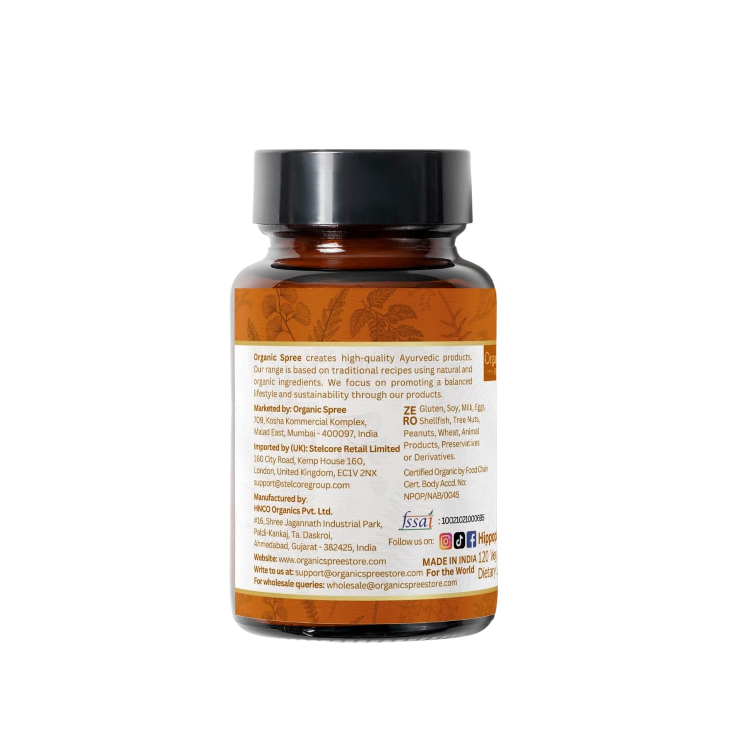 Supplement bottle with green cap and label