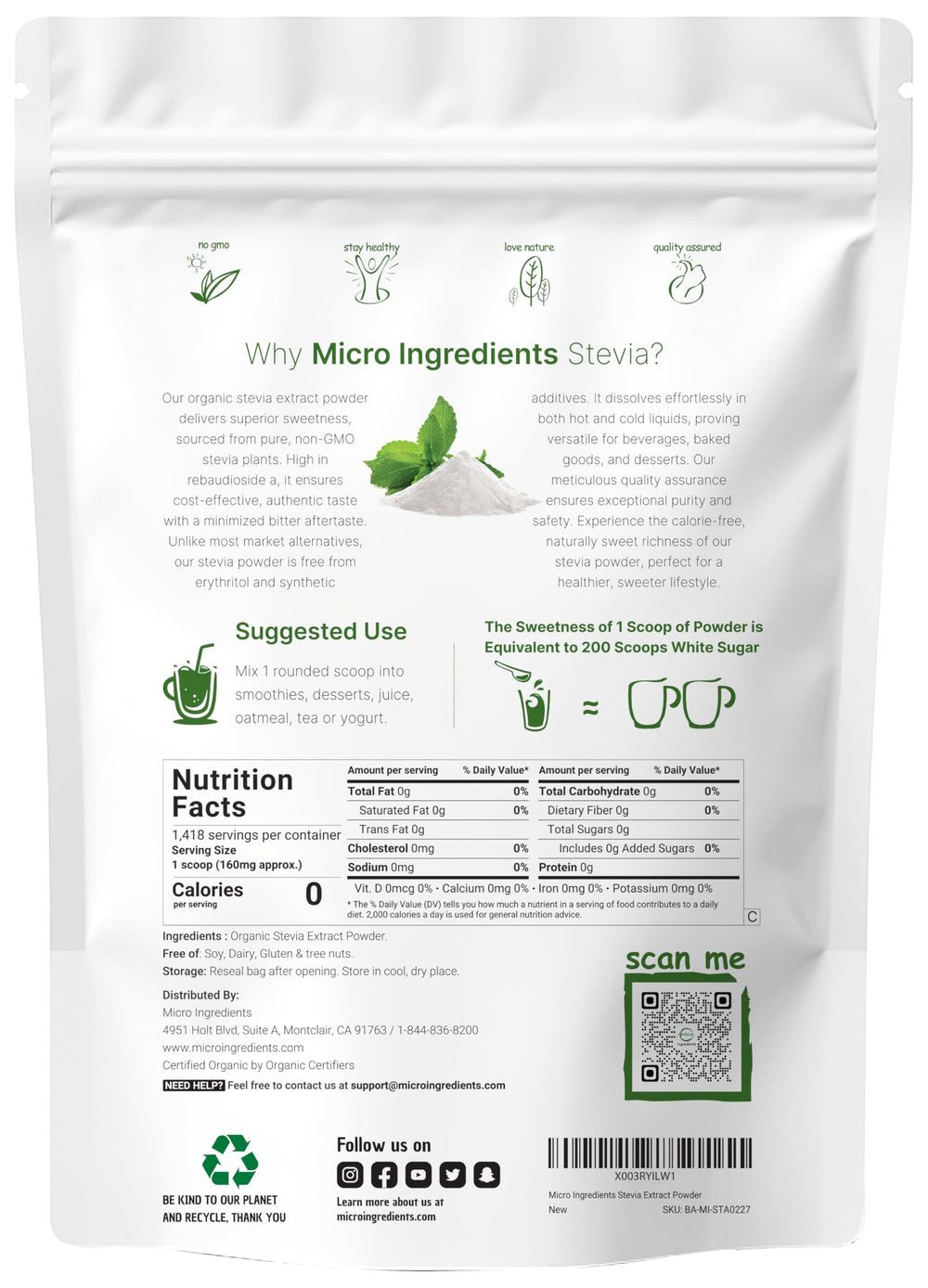 No calories/no additives label on stevia powder
