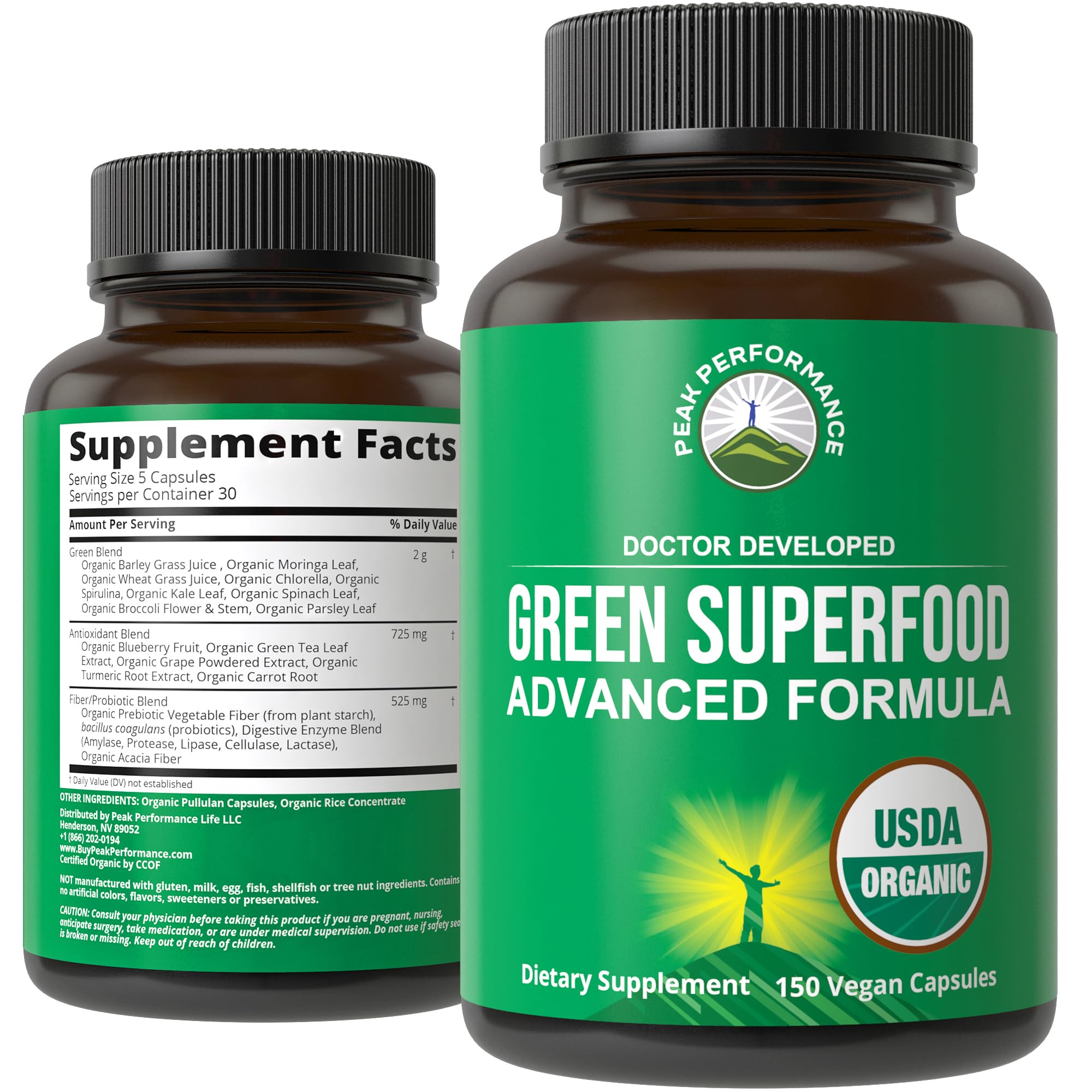 Bottle of Organic Super Greens 150 Capsules - front view