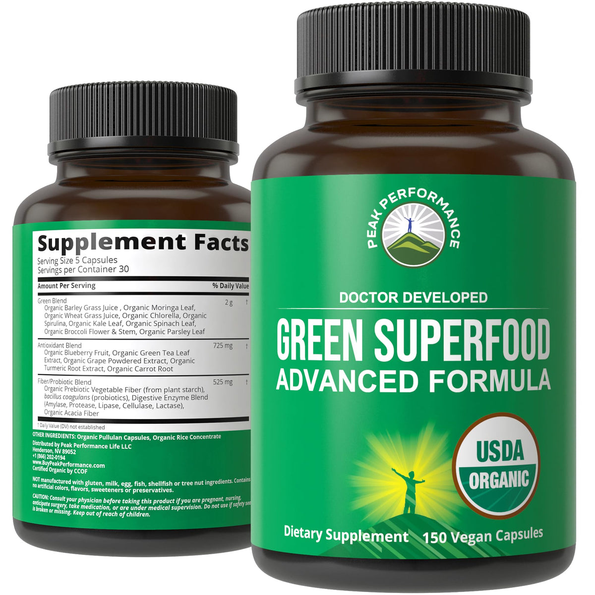 Bottle of Organic Super Greens 150 Capsules - front view