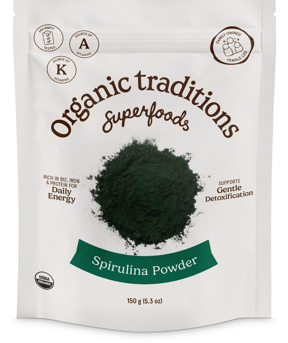 Organic Traditions spirulina powder bag label close-up