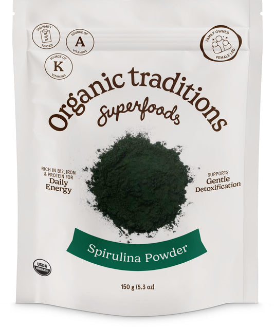Organic Traditions spirulina powder bag label close-up