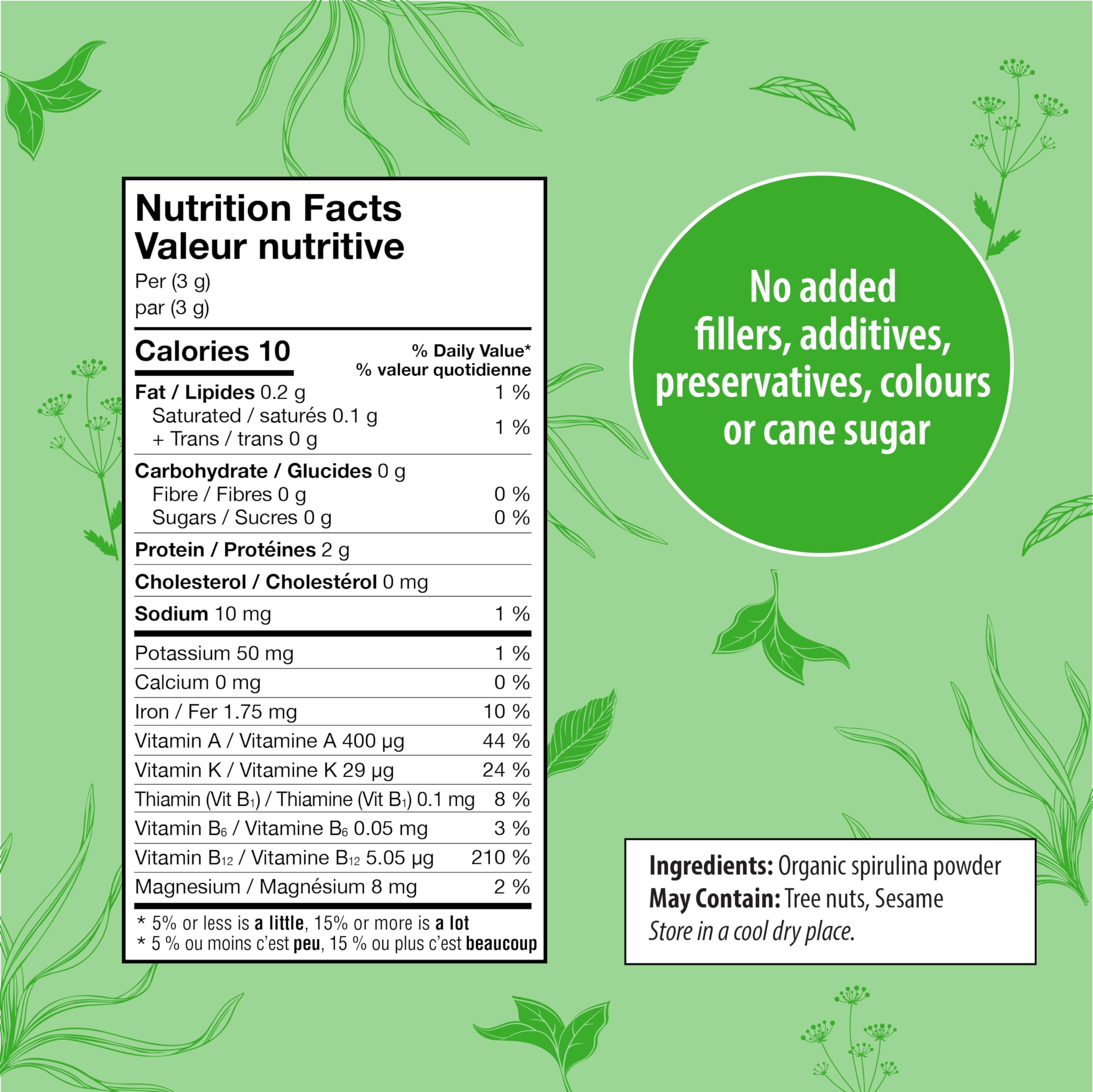 Close-up of Organic Traditions spirulina powder bag front