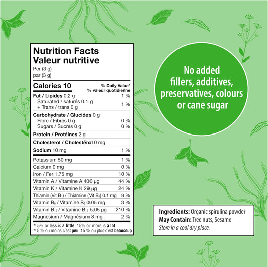 Close-up of Organic Traditions spirulina powder bag front