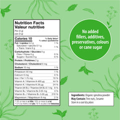 Close-up of Organic Traditions spirulina powder bag front