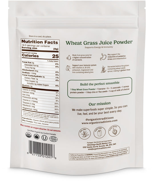 Back view of Organic Traditions Wheat Grass Powder 150g bag with label