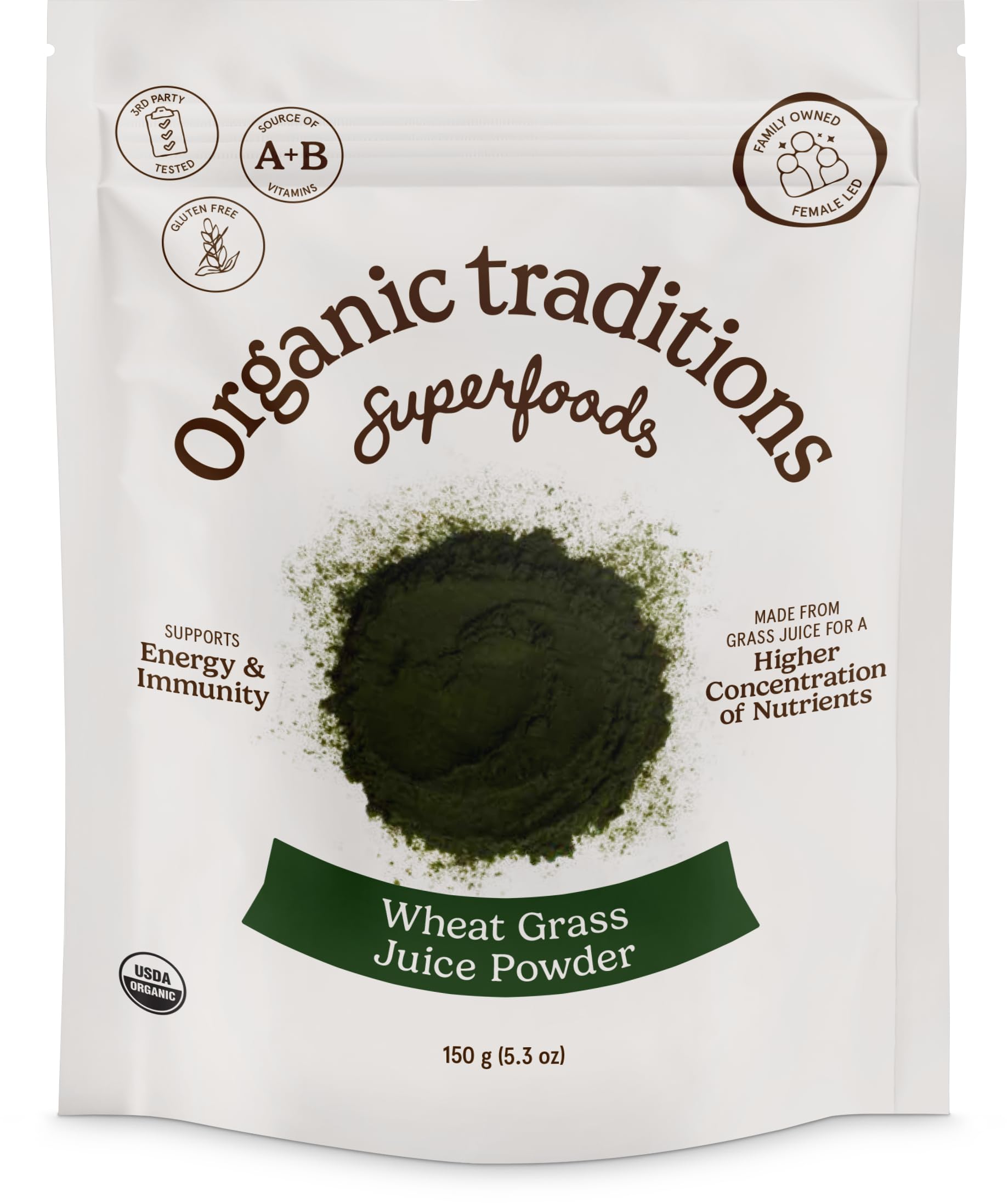 Front view of Organic Traditions Wheat Grass Powder 150g bag