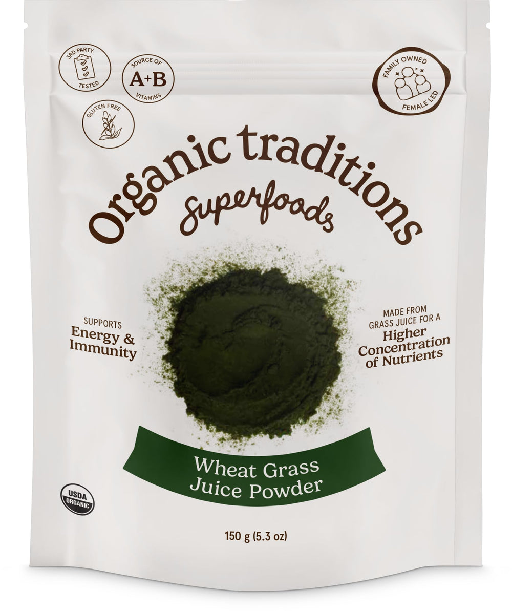 Front view of Organic Traditions Wheat Grass Powder 150g bag