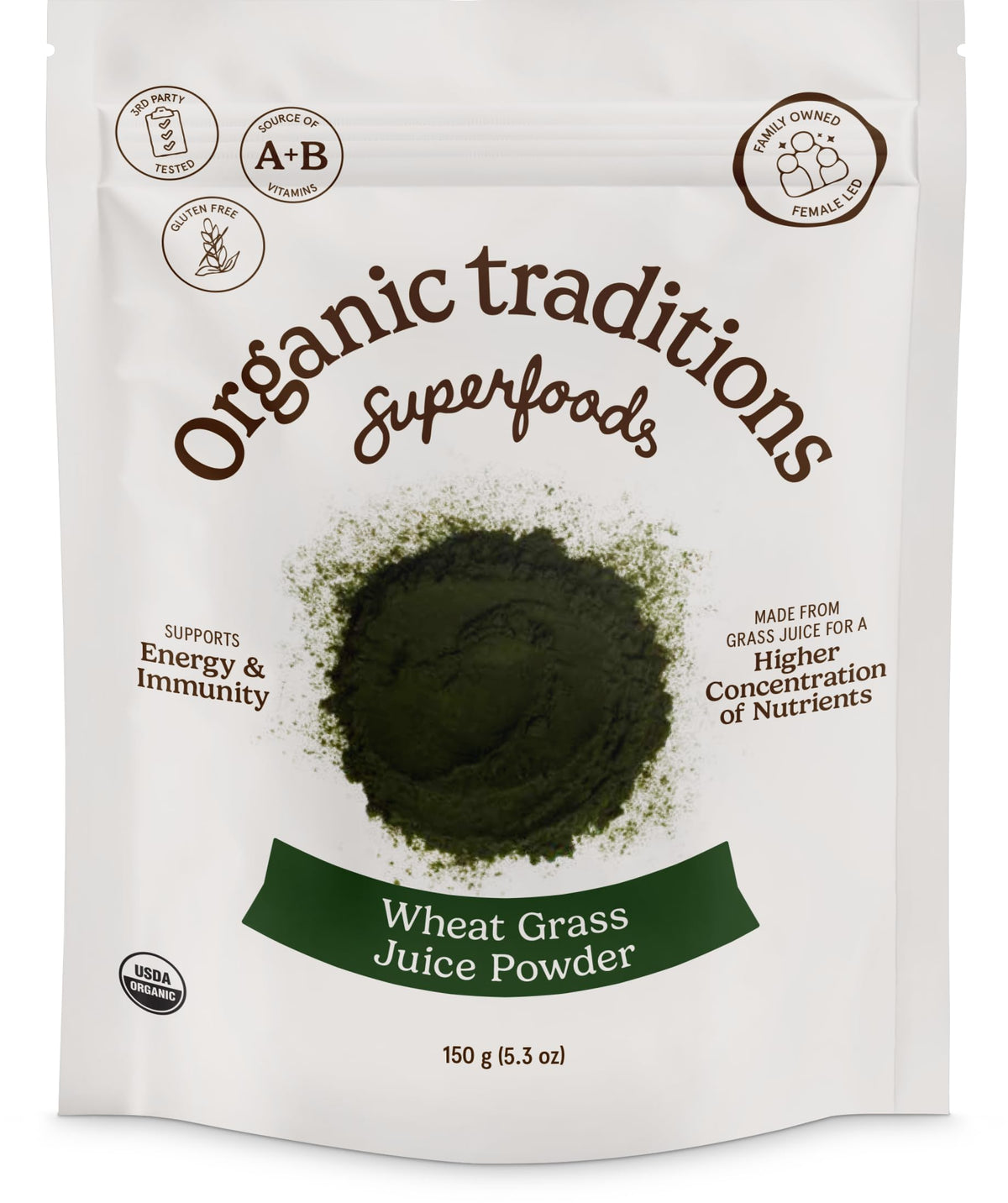 Front view of Organic Traditions Wheat Grass Powder 150g bag