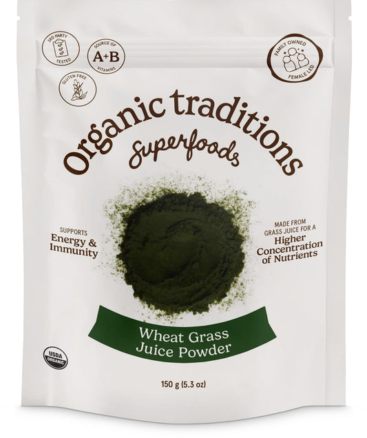 Front view of Organic Traditions Wheat Grass Powder 150g bag