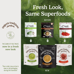 Vegan and non-GMO Organic Traditions Wheat Grass Powder packaging
