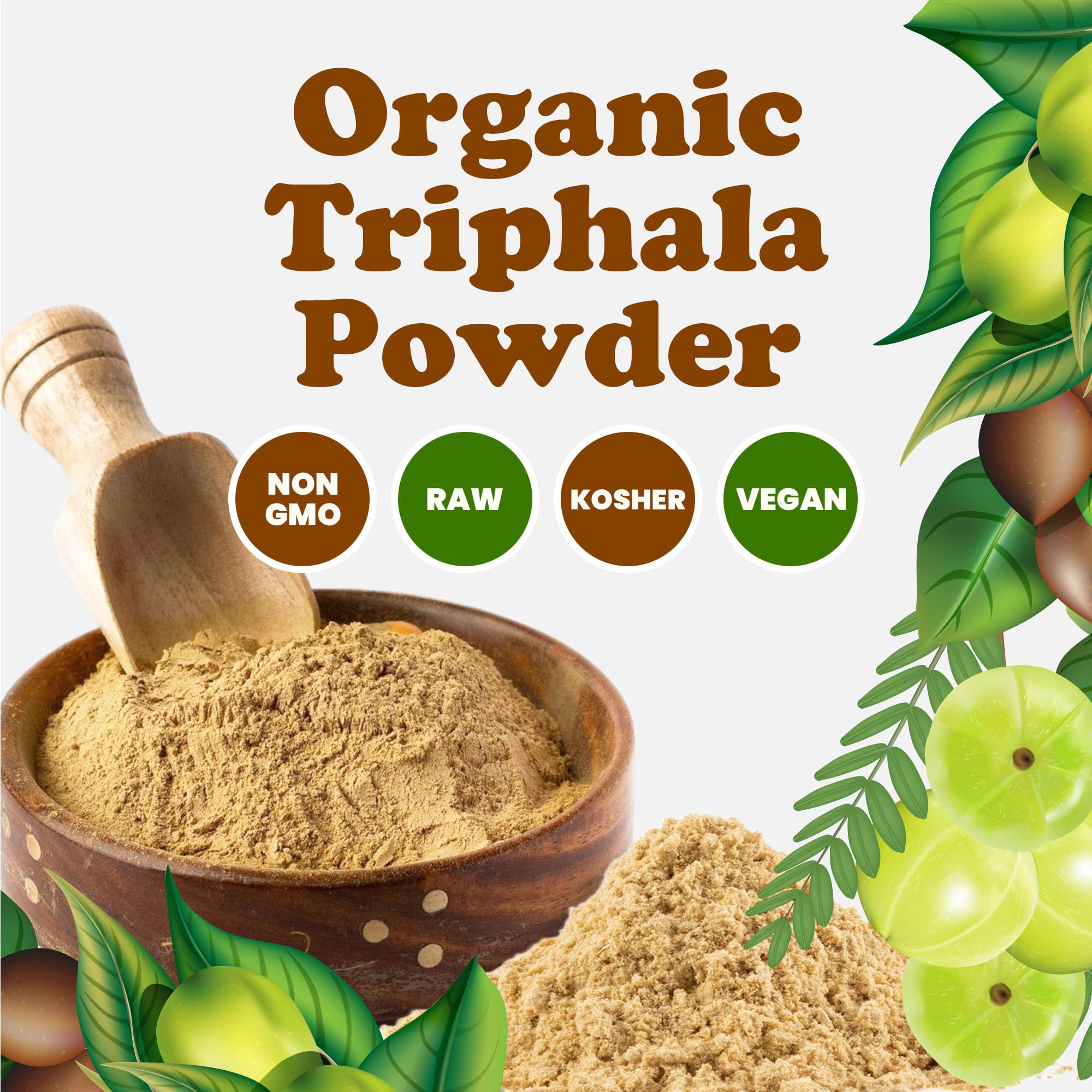 Organic Triphala ingredients: amalaki, haritaki, and bibhitaki close-up