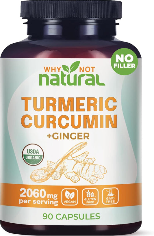 Bottle of Organic Turmeric Curcumin capsules with ginger and black pepper