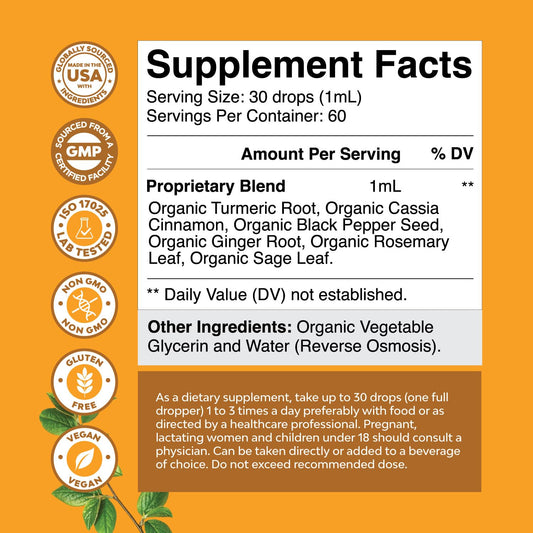 Organic Turmeric Drops bottle back label with ingredients