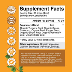 Organic Turmeric Drops bottle back label with ingredients